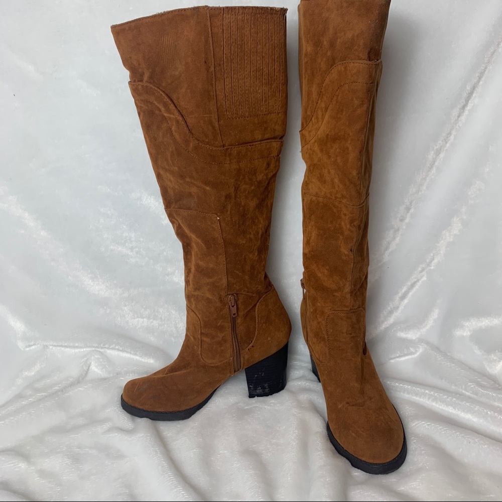 Knee high camel faux suede boots with chunky block heel